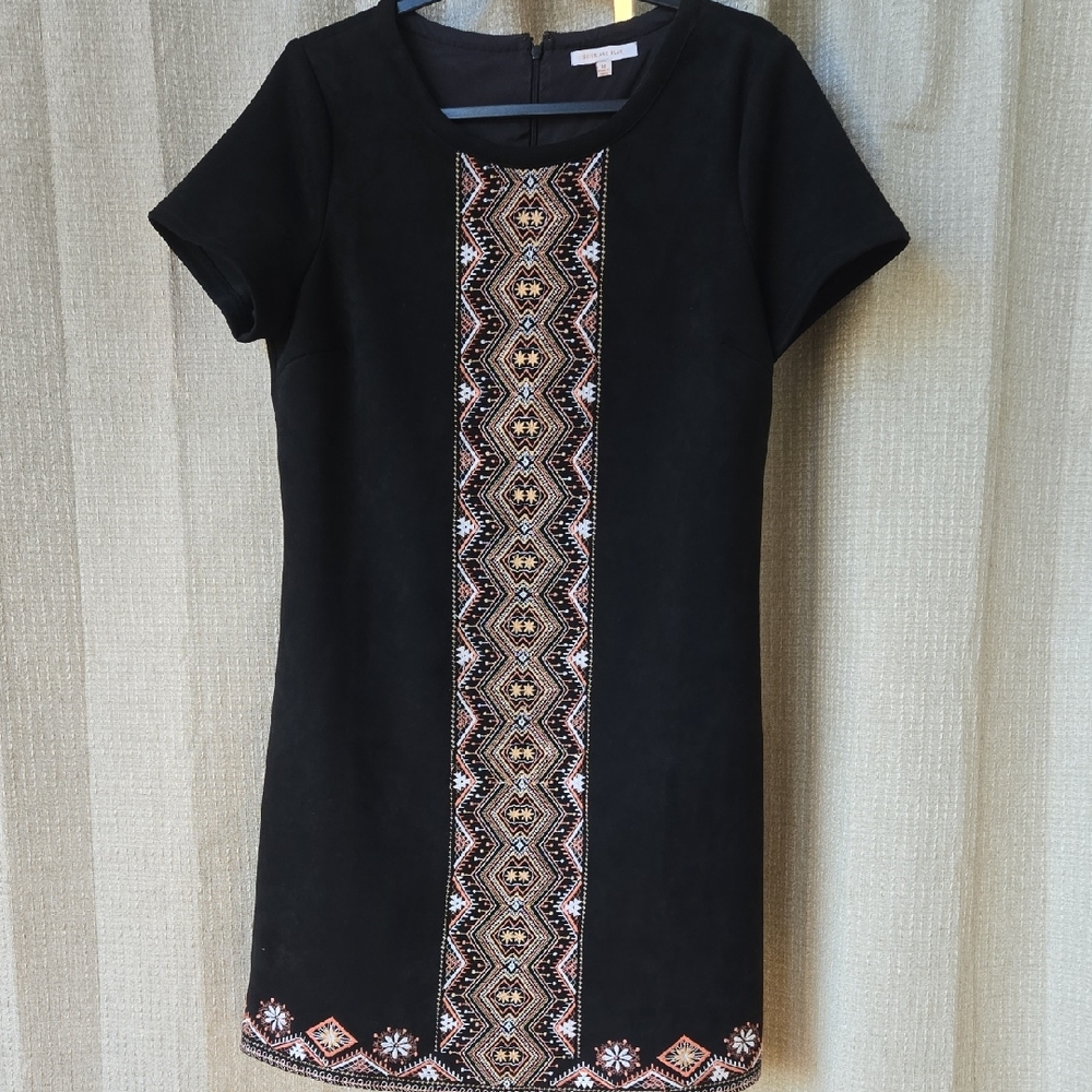 Skies Are Blue Black Dress with Colorful Embroidery